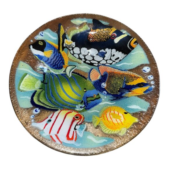 Peggy Karr Tropical Fish Under Water Fused Glass Round Platter Signed 10.5 in
